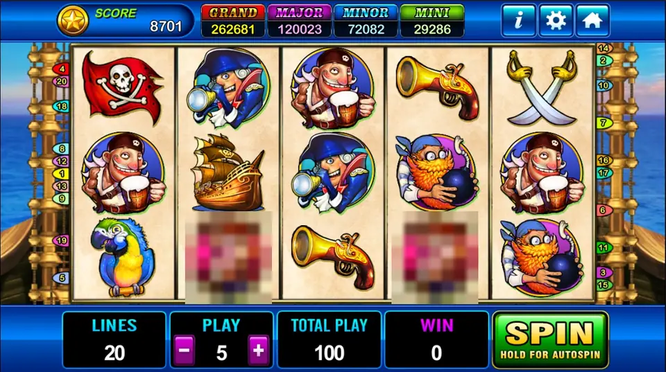 Pirate slot reels with cartoon pirates, a parrot, a galleon, a skull flag, flintlock pistols and crossed cutlasses, 20 lines at a bet of 5