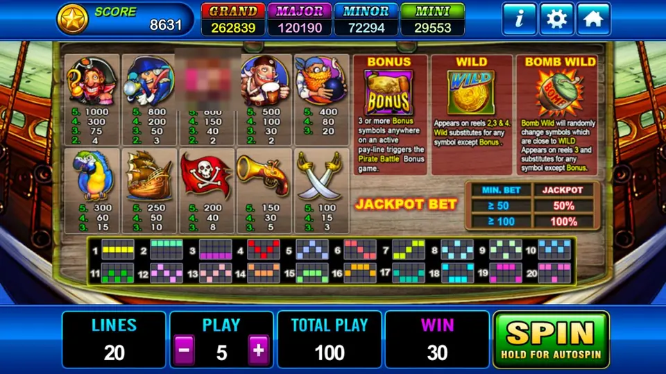 Pirate rules page with payouts for ten symbols, BONUS, WILD and BOMB WILD panels, a Jackpot Bet table and diagrams of 20 paylines