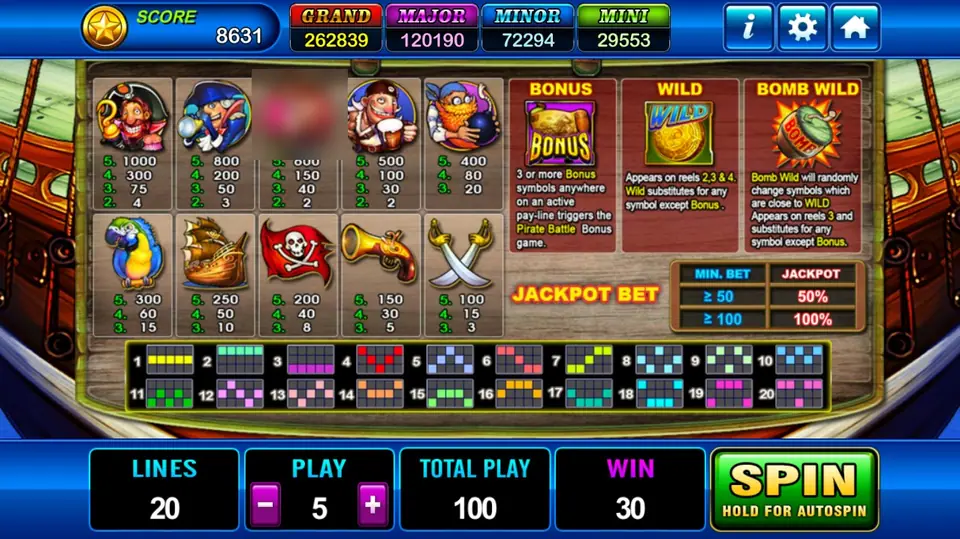 Pirate rules page with payouts for ten symbols, BONUS, WILD and BOMB WILD panels, a Jackpot Bet table and diagrams of 20 paylines