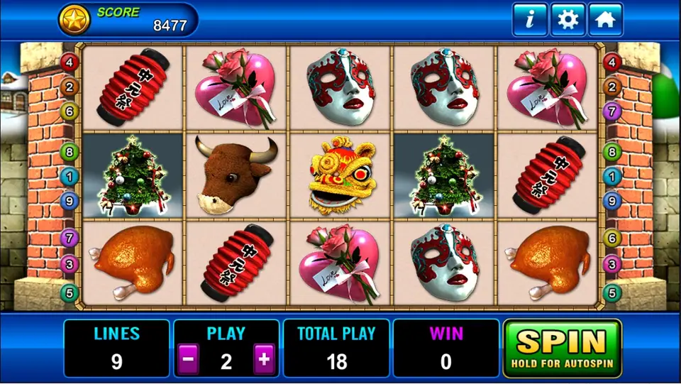 Seasons Greeting reels with red paper lanterns, pink hearts with roses, white masks, Christmas trees, a bull's head, a lion-dance head and roast chicken, 9 lines at a bet of 2