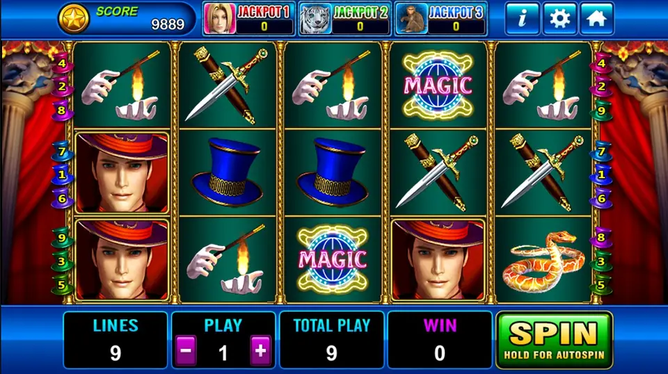 The Magician Plus reels with a magician in a red top hat, a blue top hat, daggers, a gloved hand with a wand and candle, a snake and neon MAGIC symbols, 9 lines at a bet of 1