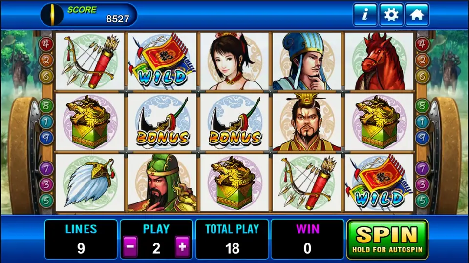 Three Kingdom reels with a bow and quiver, war-flag WILDs, a young woman, a strategist in a blue hat, a red horse, golden seal boxes, BONUS blades, an emperor and a green-robed general