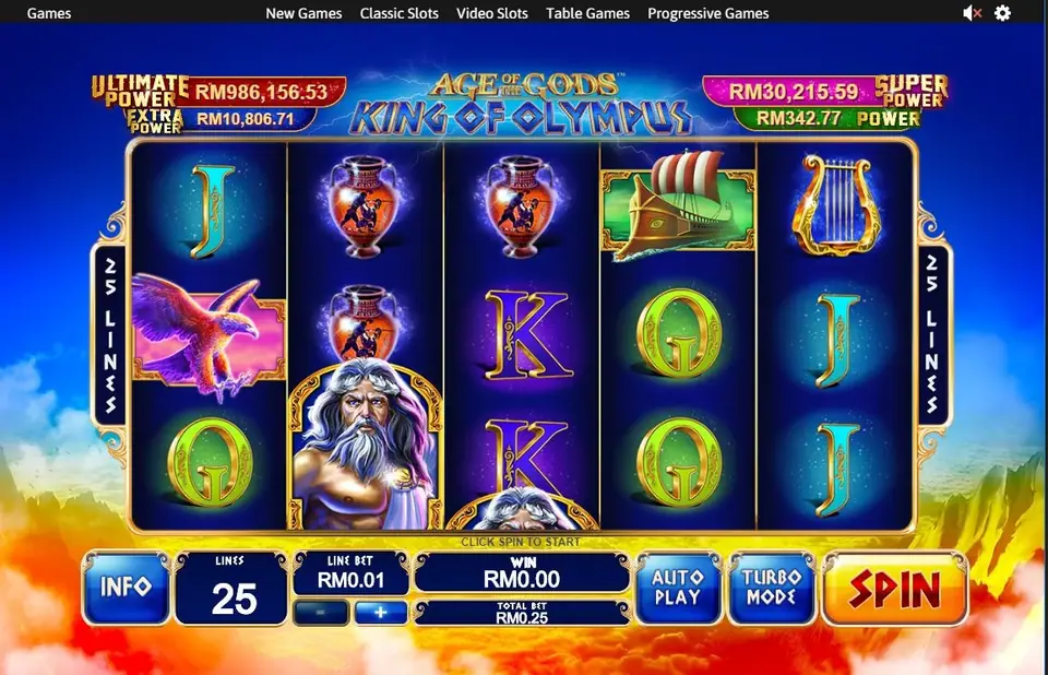 King of Olympus reels with an eagle on reel 1, red-figure urns on reels 2 and 3, a galley on reel 4, a lyre on reel 5 and Zeus low on reel 2, with the bet panel at 25 lines