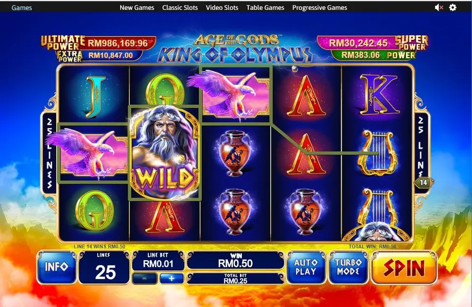 King of Olympus with a Zeus WILD on reel 2 joining two eagles and a lyre on line 14, and a win of RM0.50