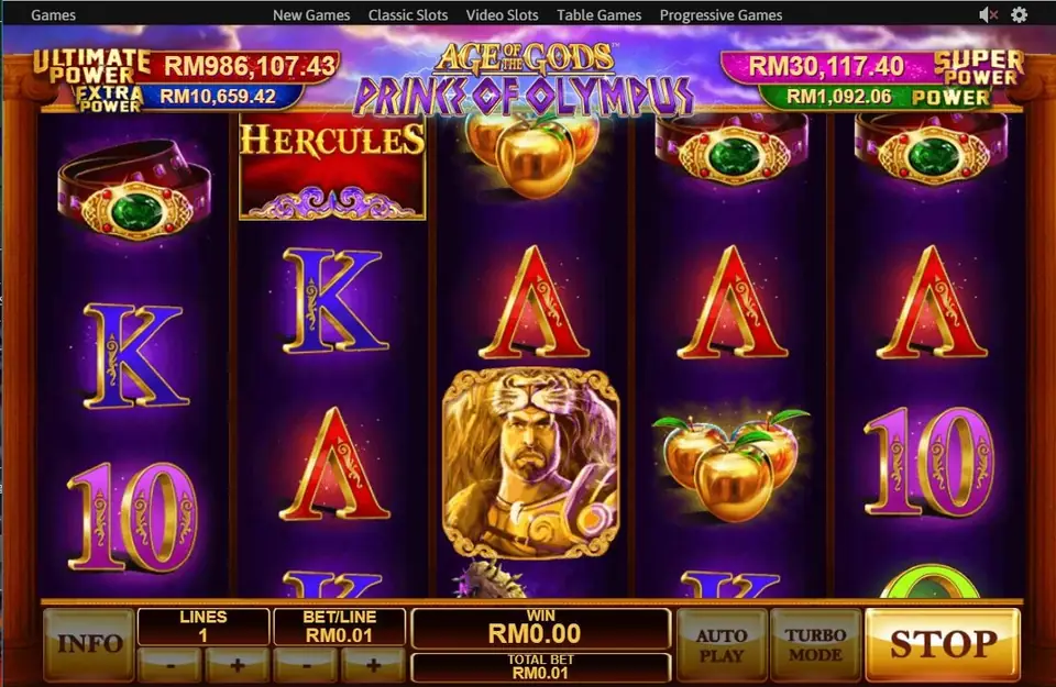 Prince of Olympus with a HERCULES tile on reel 2, golden apples on reels 3 and 4 and a portrait of Hercules in a lion-skin hood on reel 3