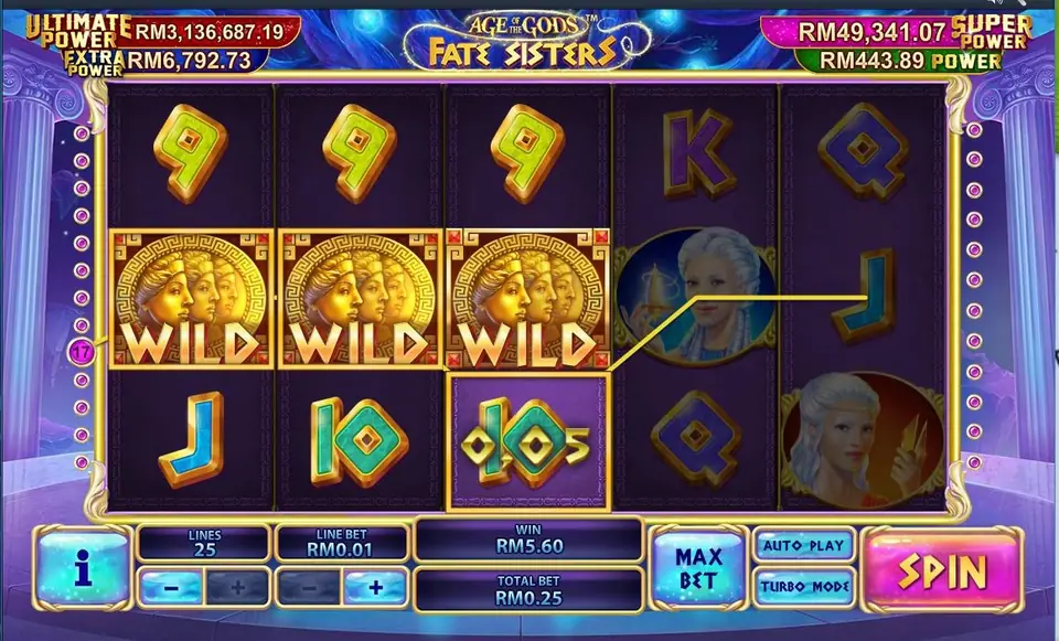 Fate Sisters with three triple-face WILD tiles across reels 1 to 3, a highlighted 10 on the winning line, and RM5.60 in the WIN box