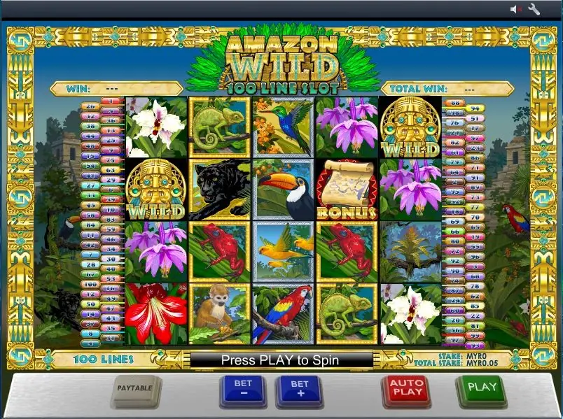 Amazon Wild 100 Line Slot with orchids, a chameleon, a hummingbird, a black panther, a toucan, red frogs, parrots and a monkey on five reels, gold WILD idols and a treasure-map BONUS