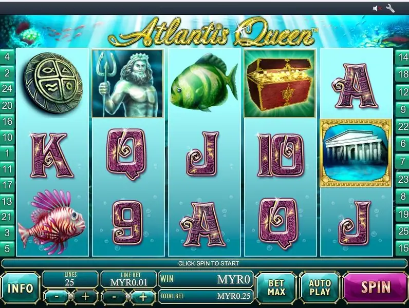Atlantis Queen reels in turquoise water with a stone shield, a sea-god statue with a trident, a green fish, a treasure chest, a lionfish and a gold-framed sunken temple