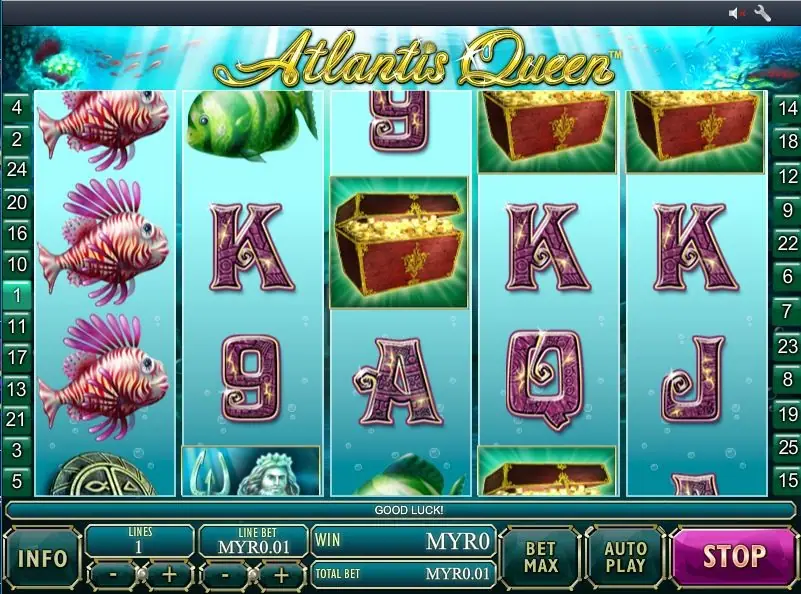 Atlantis Queen mid-spin with three lionfish stacked on reel 1, treasure chests on reels 3, 4 and 5 and a STOP button lit