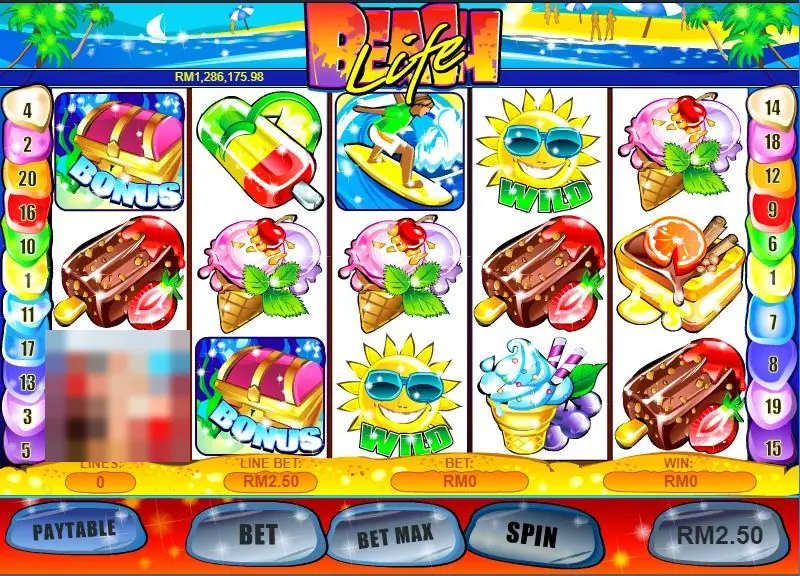 Beach Life reels with ice lollies, ice-cream cones, chocolate bars, a surfer, smiling-sun WILD symbols and treasure-chest BONUS symbols, a jackpot counter under the logo