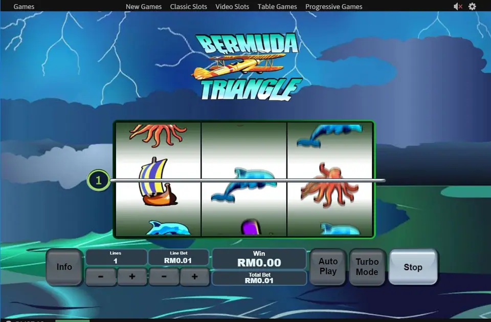 Bermuda Triangle mid-spin with a ship on reel 1, a dolphin on reel 2 and an octopus on reel 3, with the Stop button showing