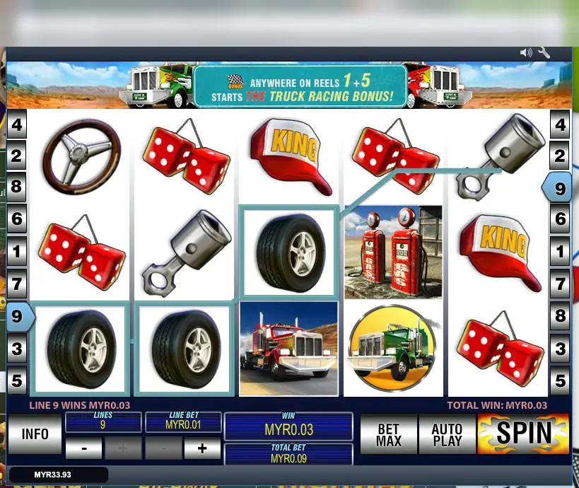 Highway Kings Pro reels with steering wheel, fuzzy dice, KING cap, tyres, fuel pumps and trucks, a line 9 win marked and a banner about the Truck Racing Bonus