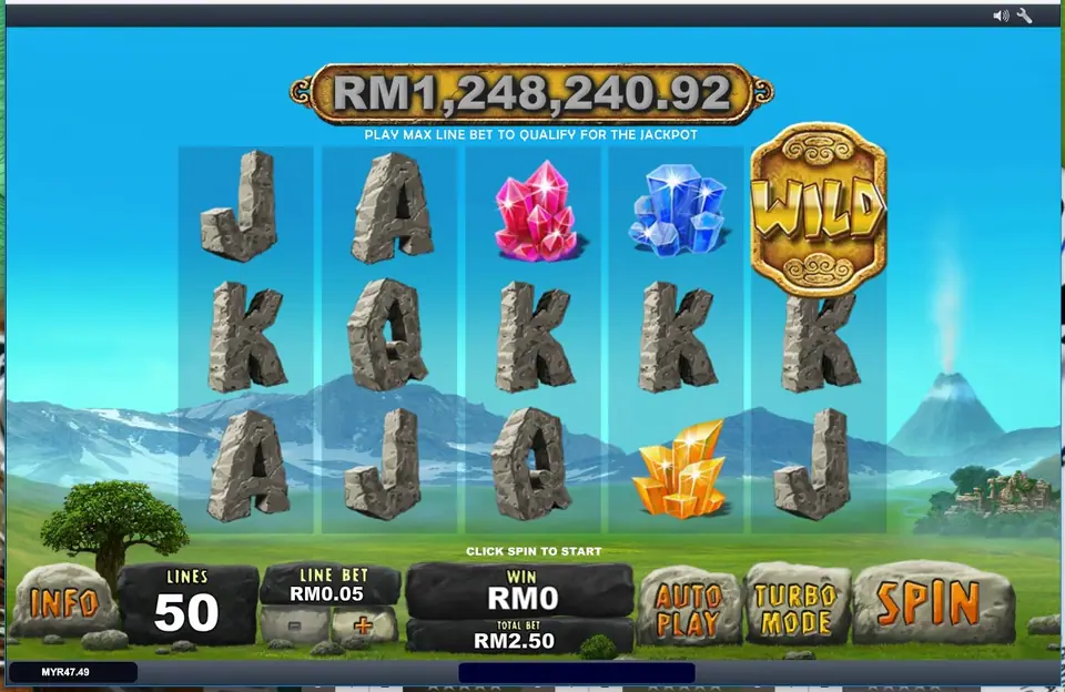 Jackpot Giant reels with grey stone letters, pink, blue and gold crystals and a gold WILD tile, a jackpot box of RM1,248,240.92 above and a volcano behind