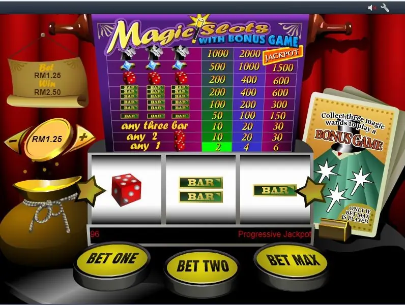 Magic Slots with a red die on the first reel and bar symbols on the others, and the progressive jackpot line under the reels