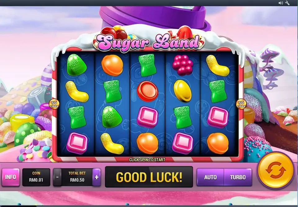 Sugar Land reels in a candy frame with green gummies, orange drops, red and pink sweets over a pink candy landscape, with a GOOD LUCK message in the bet bar
