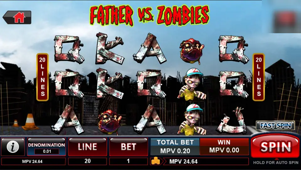 Father vs Zombies slot with bloodied Q, K and A letters made of nailed planks, a zombie head and a zombie boy in a cap on five reels, 20 lines, total bet 0.20 and a red SPIN button