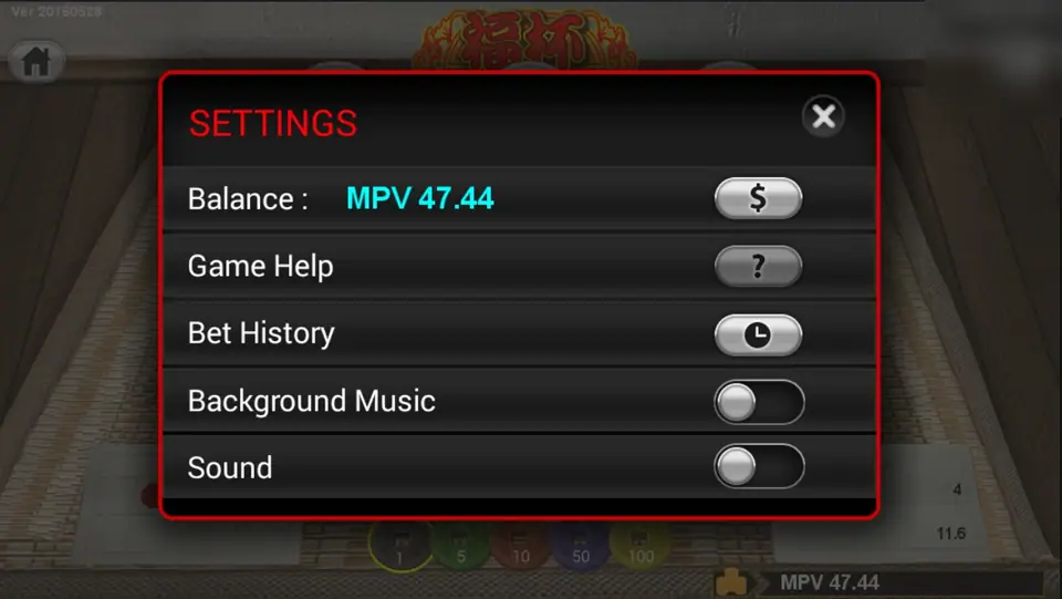 Fu Bei Lucky Cups settings window with Balance, Game Help, Bet History, Background Music and Sound