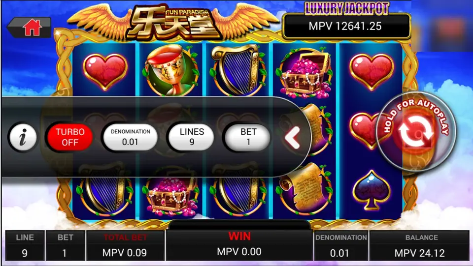 Fun Paradise with the side menu open, showing Turbo Off, Denomination 0.01, Lines 9 and Bet 1 buttons over the reels