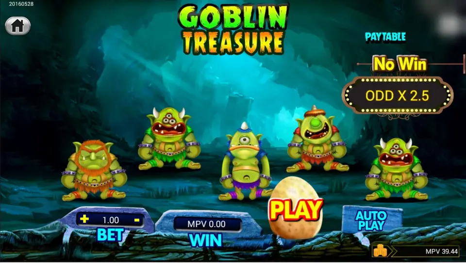 Goblin Treasure cave with five green goblins of different types in a row, an egg-shaped PLAY button, a Bet 1.00 box and an ODD X 2.5 board showing No Win