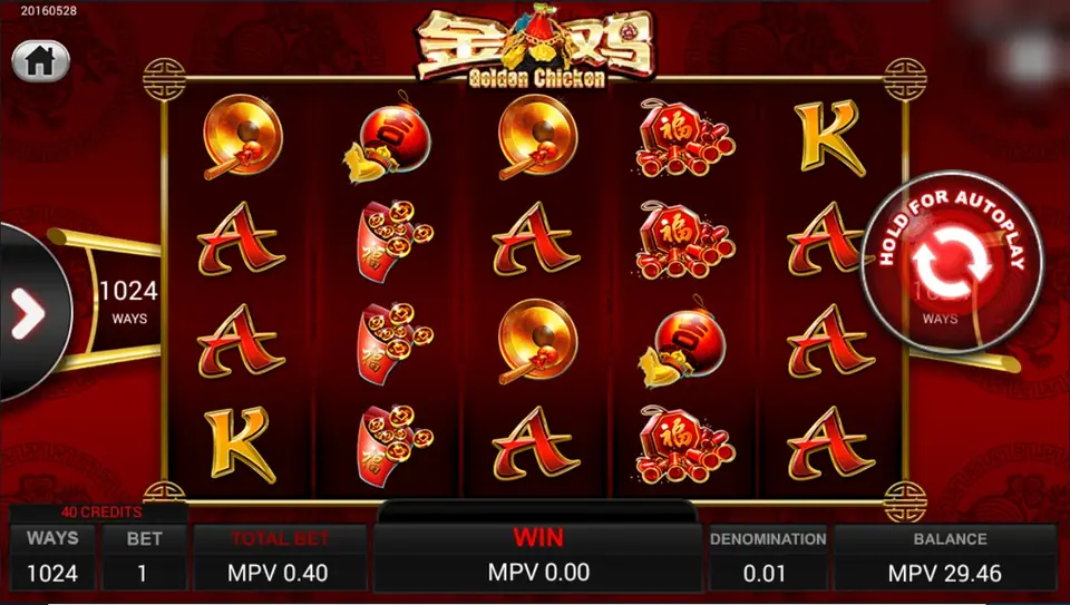 Golden Chicken slot on a red background with gongs, firecracker bundles, red envelopes, a red lantern and A and K letters on five reels of four rows, a 1024 WAYS box and a total bet of 0.40