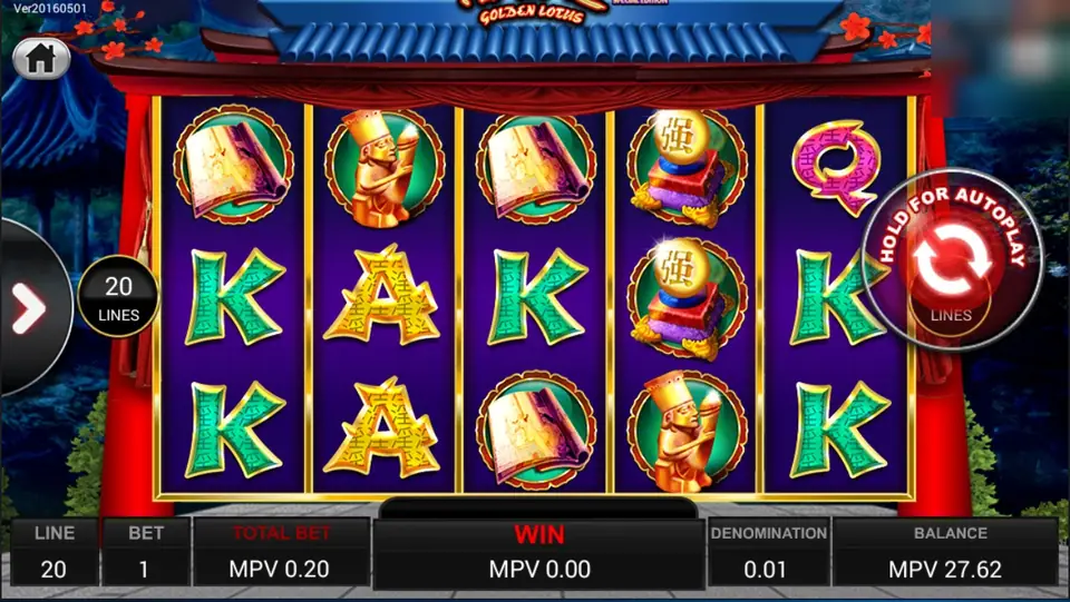 Golden Lotus slot framed by red curtains and a pagoda roof, with an open book, a golden figurine, a lantern-topped seal and K, A and Q letters on five reels, 20 lines
