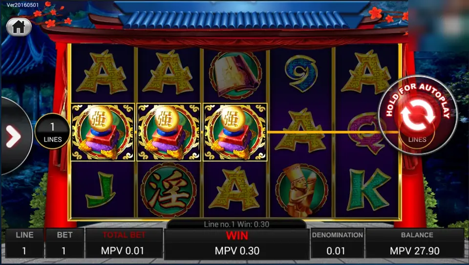 Golden Lotus at one line with gold letters, green tokens and a golden figurine, and a Line no.1 win message and a win of 0.30