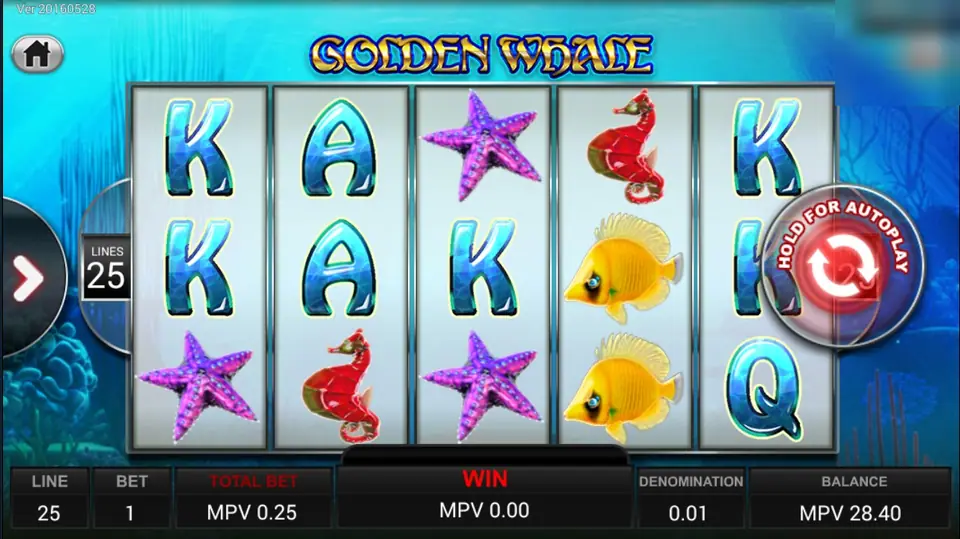 Golden Whale slot underwater with K, A and Q letters, purple starfish, red seahorses and yellow fish on five reels, 25 lines and a total bet of 0.25