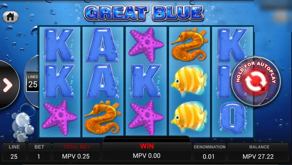 Great Blue slot underwater with pale blue K, A and Q letters, pink starfish, orange seahorses and yellow fish on five reels, 25 lines and total bet 0.25