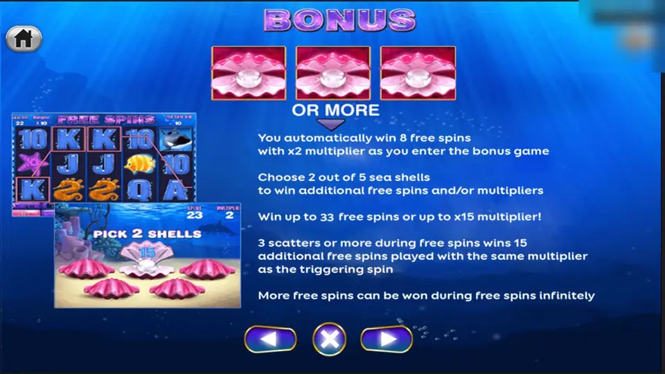 Great Blue bonus rules: three pearl shells or more give 8 free spins with x2, then pick 2 of 5 sea shells to win extra spins or multipliers, up to 33 spins or x15
