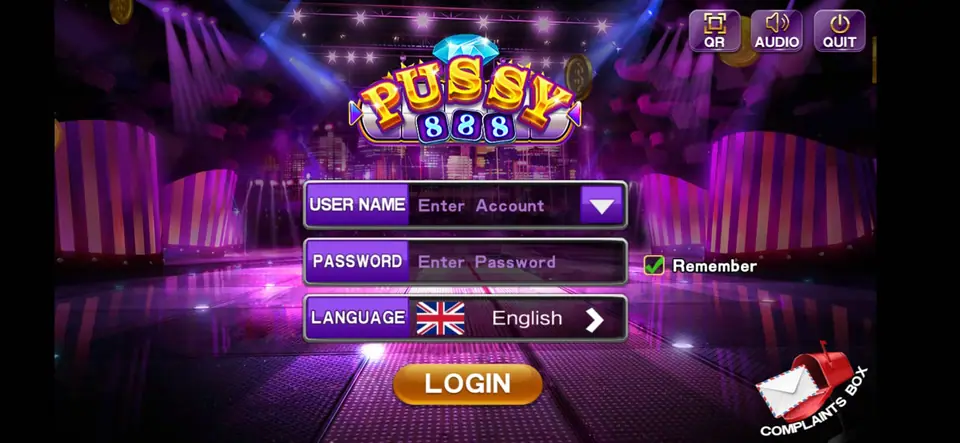 Pussy888 login screen with USER NAME, PASSWORD and LANGUAGE fields, a Remember tick box, a LOGIN button and QR, AUDIO and QUIT buttons in the corner