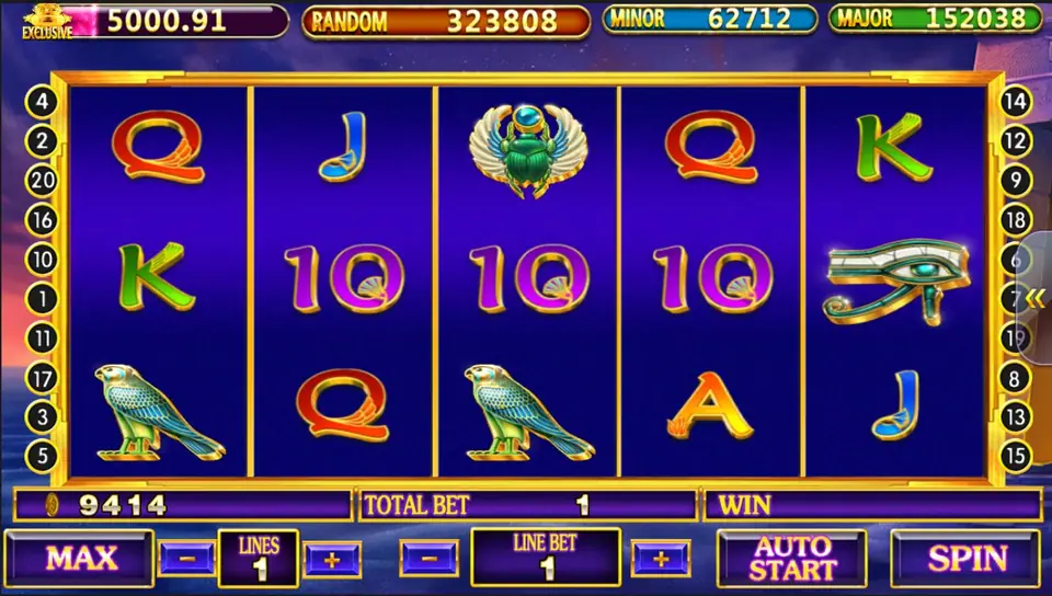 Age of Egypt reels on Pussy888 with falcon, scarab and Eye of Horus symbols among purple and gold card letters, 20 numbered lines at the sides