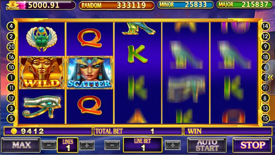 Age of Egypt reels spinning with a golden pharaoh WILD and the queen SCATTER side by side on the left