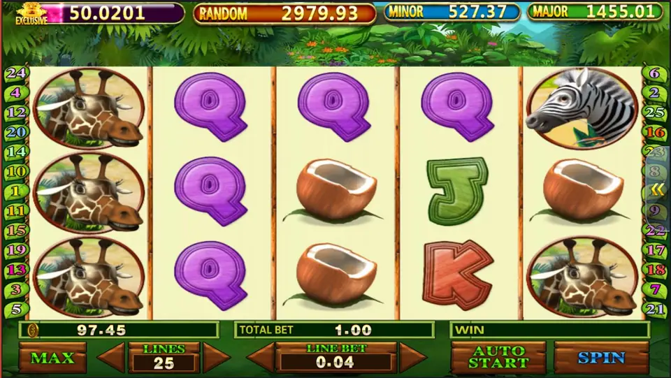 Banana Monkey slot on Pussy888 with a column of giraffes, purple Q symbols, coconuts and a zebra on jungle-framed reels, 25 lines at a 0.04 line bet