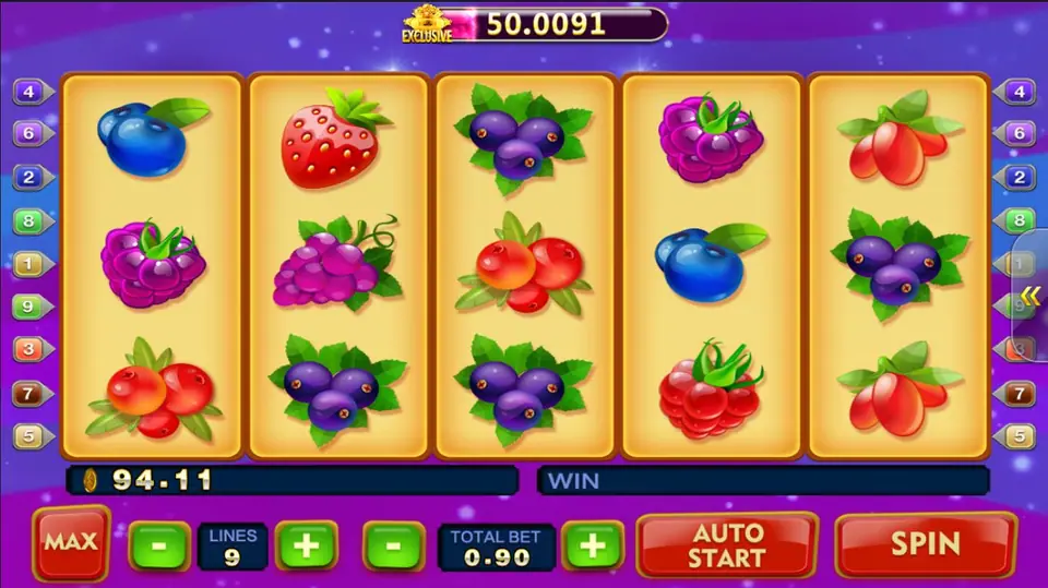 Berry Berry Bonanza reels on Pussy888 with blueberries, raspberries, grapes, cranberries and goji berries on gold tiles, 9 lines at a total bet of 0.90
