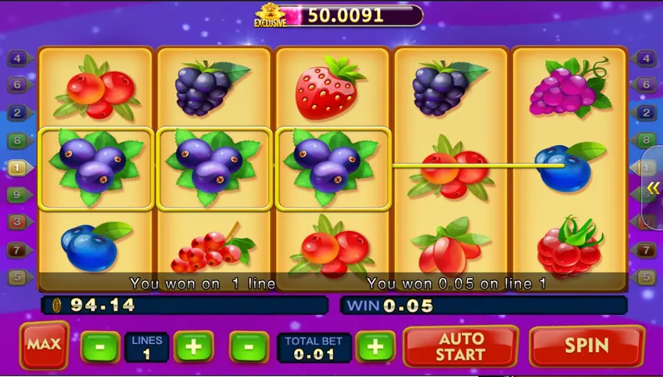 Berry Berry Bonanza win on line 1 with three blueberry symbols highlighted across the middle row and a win of 0.05