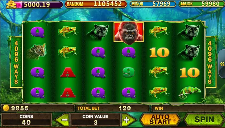 Epic Ape on Pussy888 with a red-framed gorilla, a black panther, a leopard, frogs and chameleons among card letters on green jungle reels, 4096 WAYS
