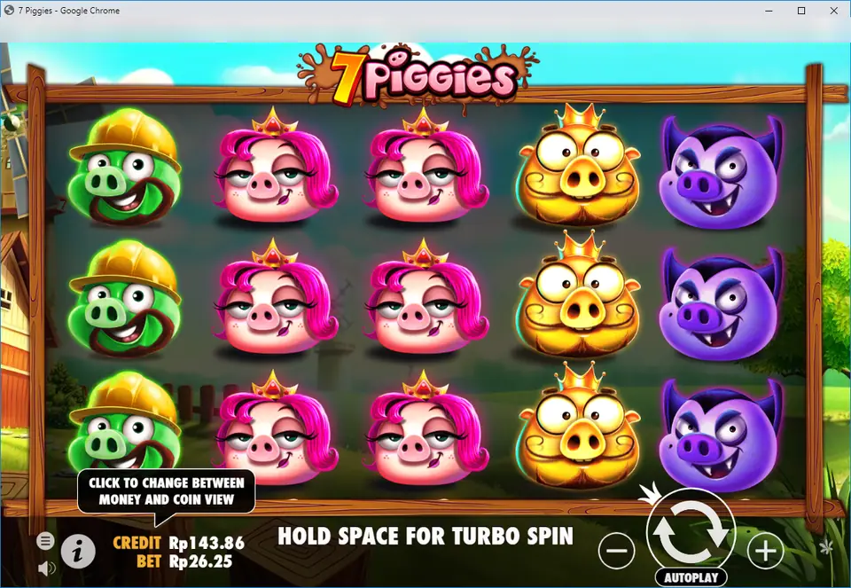 7 Piggies reels with stacked green hard-hat pigs, pink pigs with crowns, gold crowned Wild pigs and purple vampire pigs on a wooden farm frame, credit Rp 143.86 and bet Rp 26.25