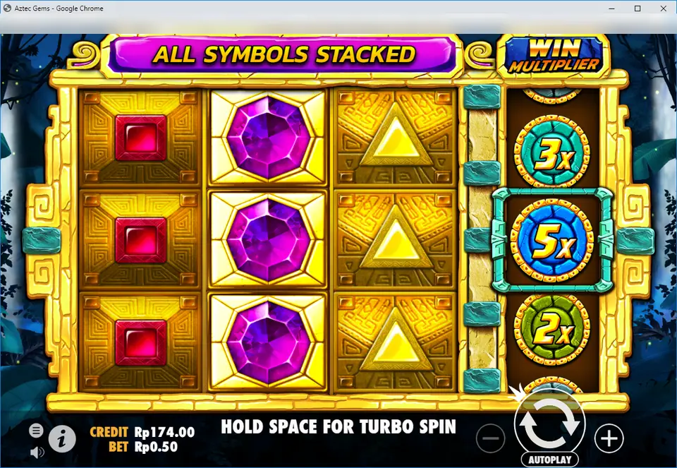 Aztec Gems with a banner reading All Symbols Stacked, three golden reels with stacked red, purple and yellow gems, and a Win Multiplier reel on the right showing 3x, 5x and 2x