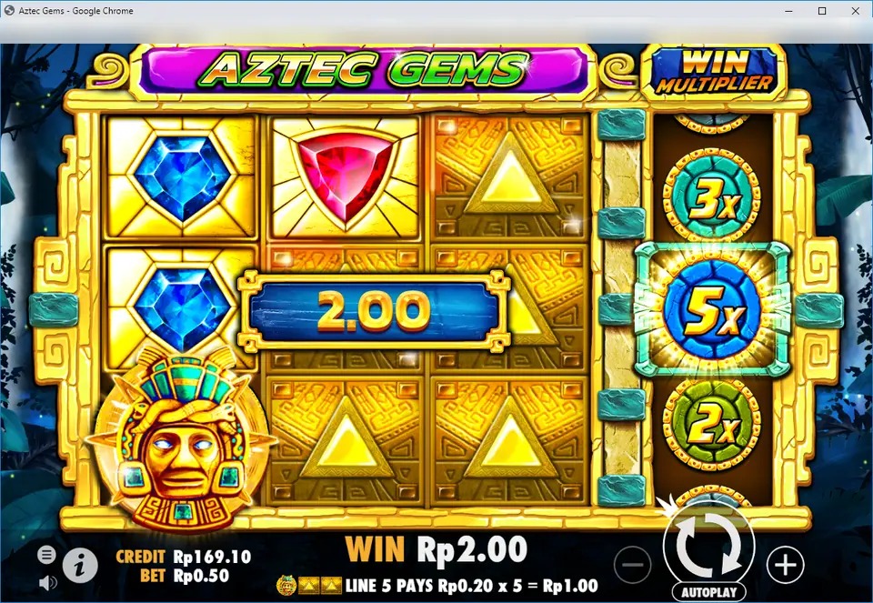 Aztec Gems win of Rp 2.00 with the Aztec mask Wild on the first reel, a 2.00 banner and the 5x multiplier highlighted, bottom bar reading Line 5 pays Rp0.20 x 5 = Rp1.00