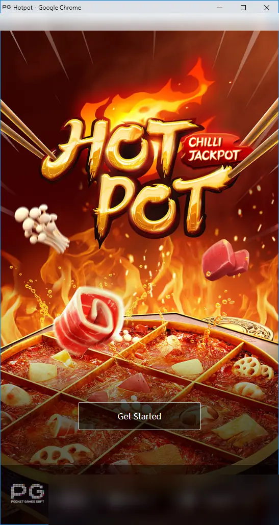 Hotpot loading screen with the flaming Hot Pot Chilli Jackpot logo, chopsticks, mushrooms and meat over a hot-pot bowl and a Get Started button, PG logo bottom left