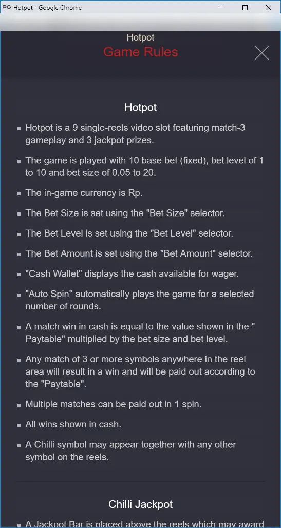 Hotpot Game Rules page: 9 single-reels video slot with match-3 gameplay and 3 jackpot prizes, 10 base bet fixed, bet level 1 to 10, bet size 0.05 to 20