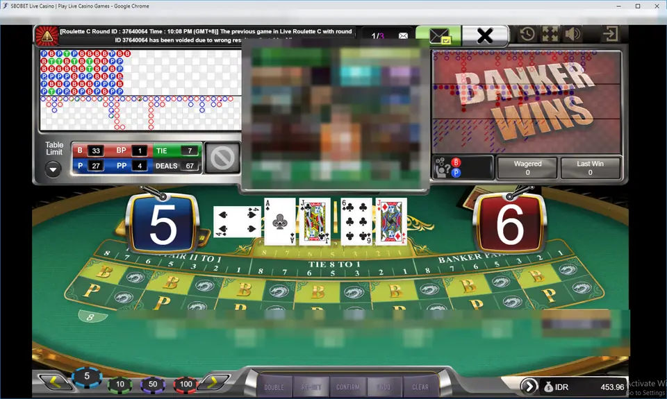SBOBET Live Baccarat with bead and big road scoreboards at the top, a blurred dealer video, a Banker Wins banner and Player 5 against Banker 6 above the green betting felt