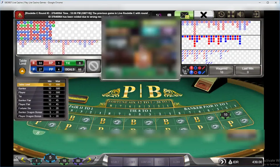 Live Baccarat limits table listing Banker, Player, Tie, pairs, Fortune Six and Dragon Bonus minimums and maximums next to the P and B felt