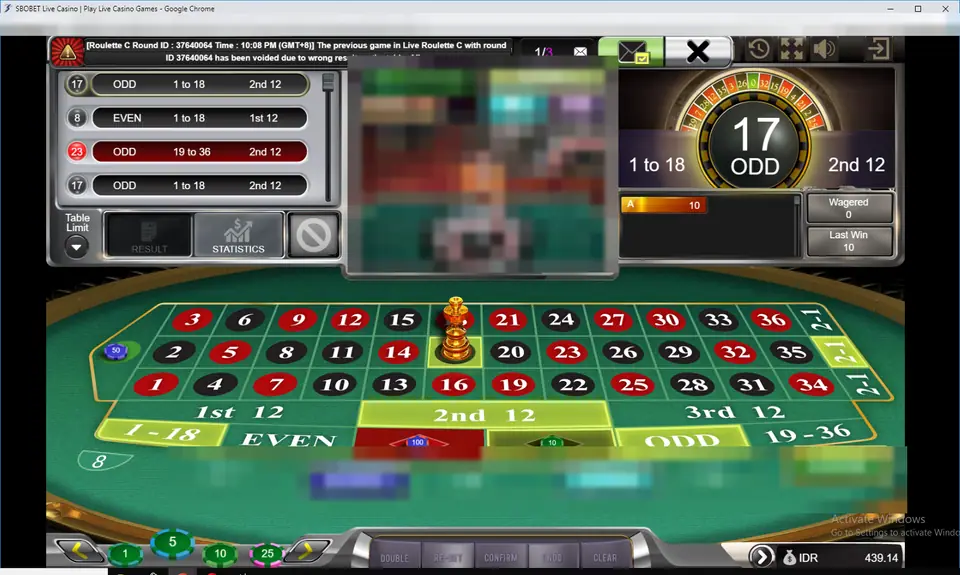 SBOBET Live Roulette with a result panel showing 17 ODD, 1 to 18, 2nd 12, a history list on the left, a blurred dealer and wheel in the centre and a single-zero betting felt