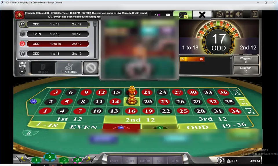SBOBET Live Roulette with a result panel showing 17 ODD, 1 to 18, 2nd 12, a history list on the left, a blurred dealer and wheel in the centre and a single-zero betting felt