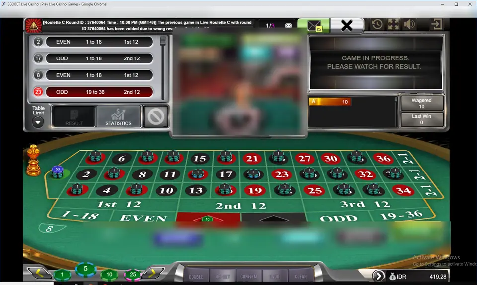 Live Roulette round in progress with a Game in progress, please watch for result message in the right panel