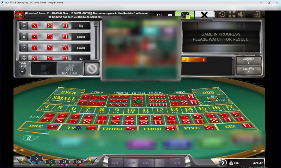 SBOBET Live Sic Bo table with a dice history panel on the left, a blurred dealer video in the middle, a status box reading Game in progress and a green betting felt below