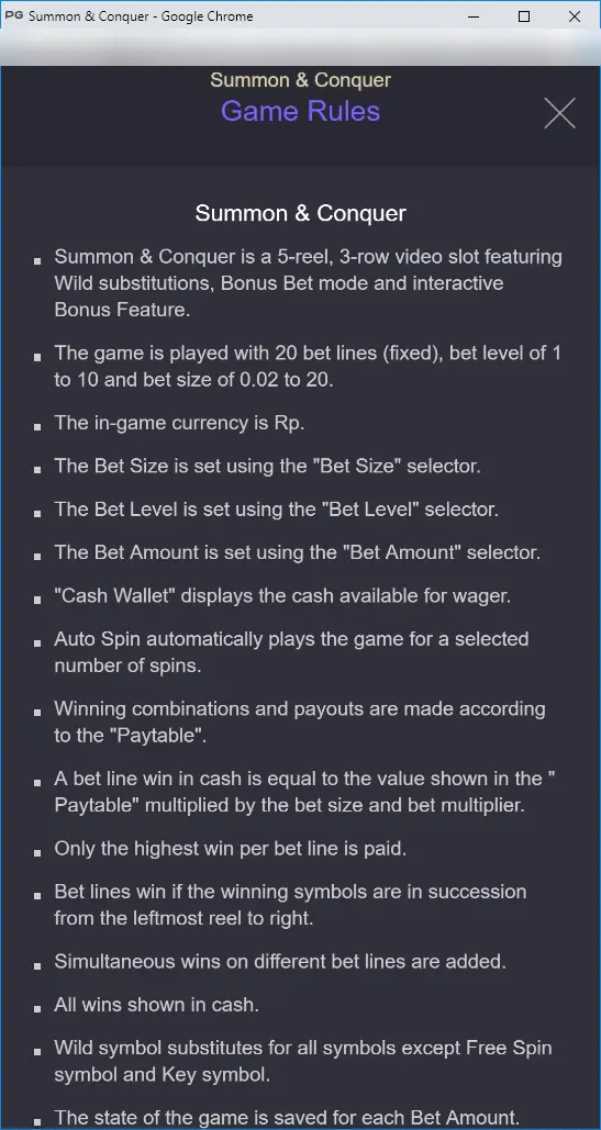 Summon & Conquer Game Rules page listing 5-reel 3-row layout, 20 fixed lines, bet level 1 to 10 and bet size 0.02 to 20