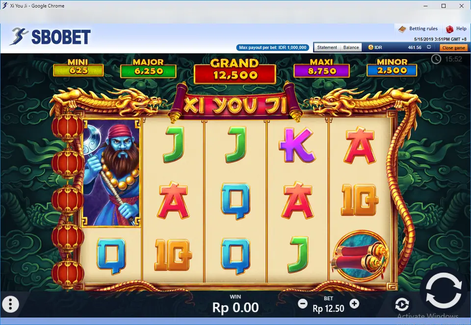 Xi You Ji reels inside the SBOBET game frame, with a blue-skinned monk warrior portrait, J, Q, K, A and 10 symbols, a scroll symbol and five jackpot boxes above