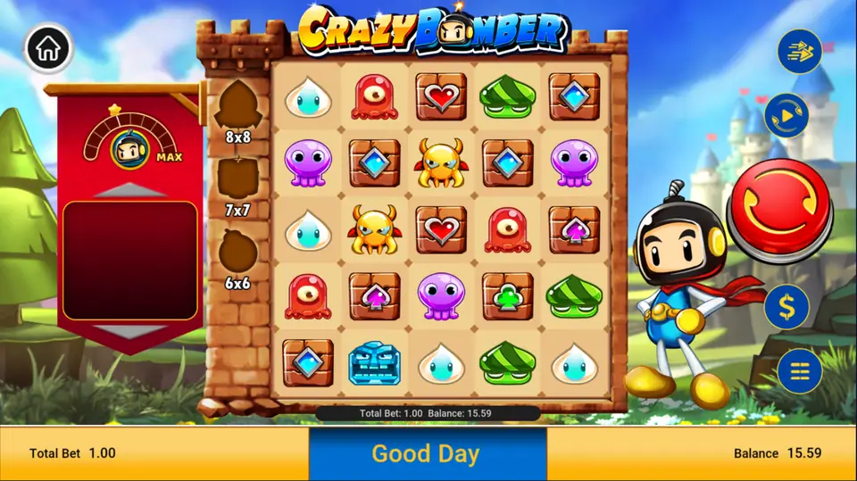 Crazy Bomber, one of the newer SKY777 games, with a 5x5 grid of cartoon blob and brick symbols, a meter on the left and a hero character on the right